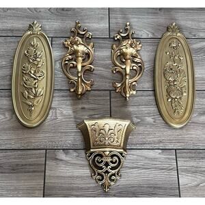 Syroco Wall Candle Sconce Shelf Art Golden Age Hollywood Regency Vtg 5pc Set